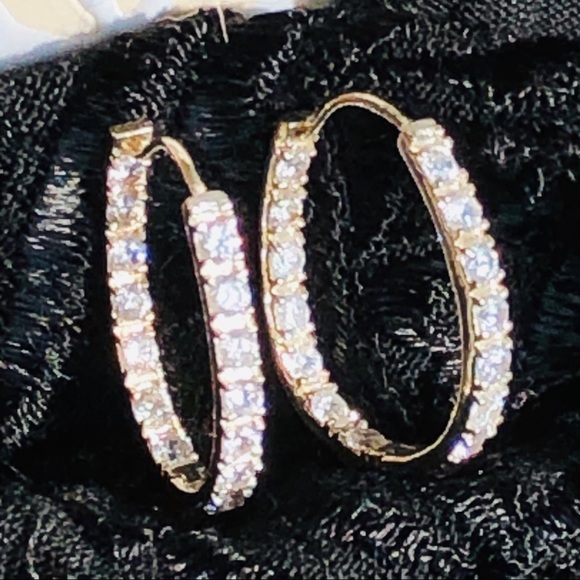 Large 925 Silver inside outside CZ Hoop Earrings - Picture 2 of 8